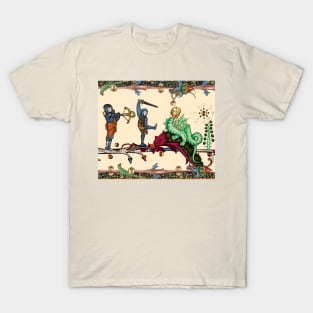 WEIRD MEDIEVAL BESTIARY  WAR, KNIGHTS COMBATTING AGAINST HYBRID DRAGON T-Shirt